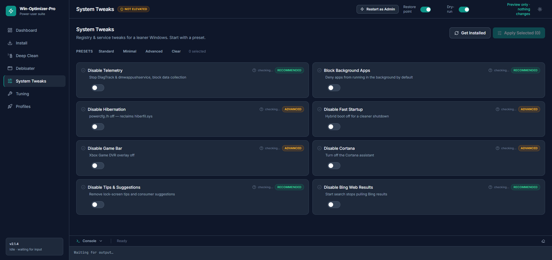 System Tweaks screen