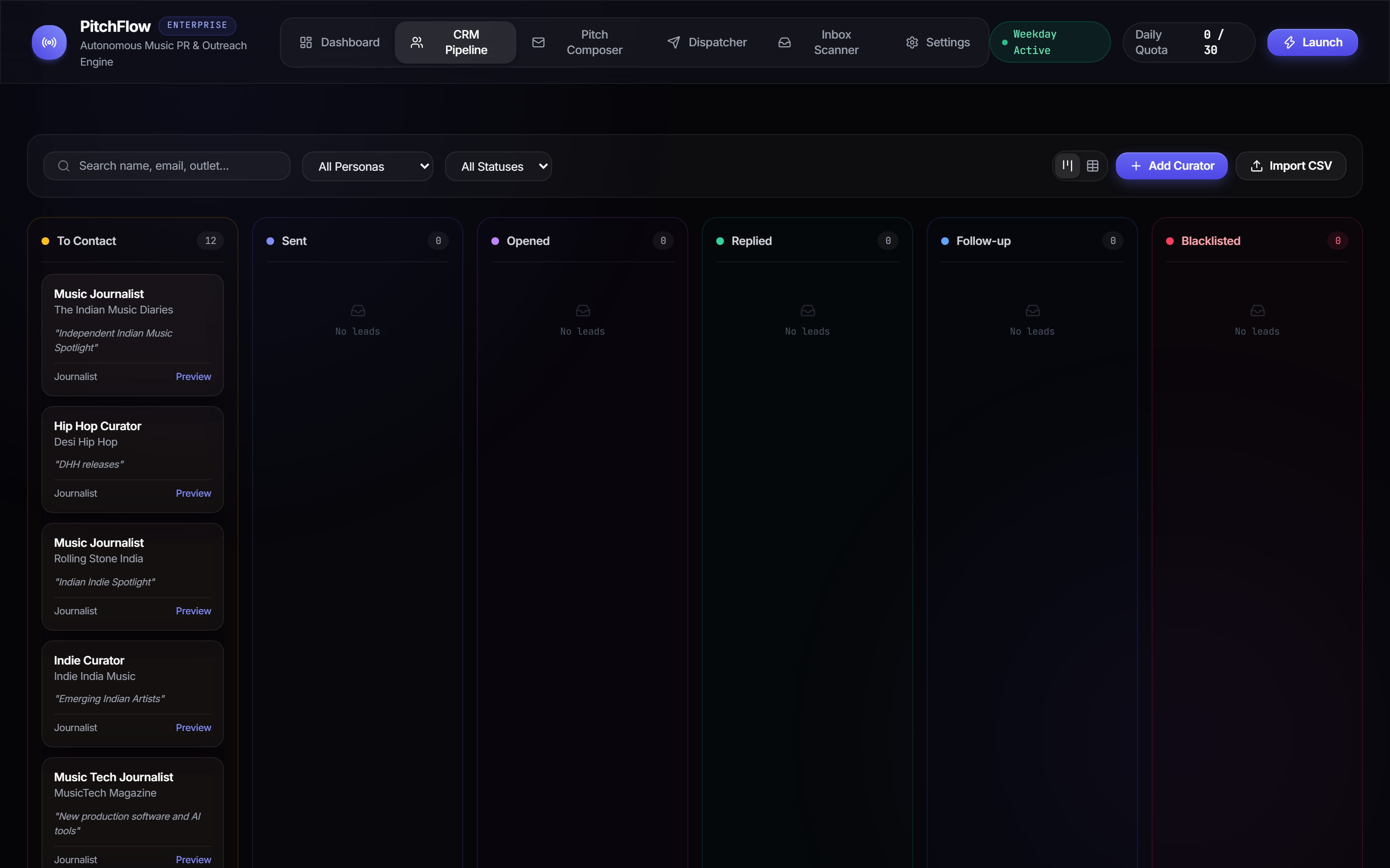 PitchFlow Visual Curator CRM