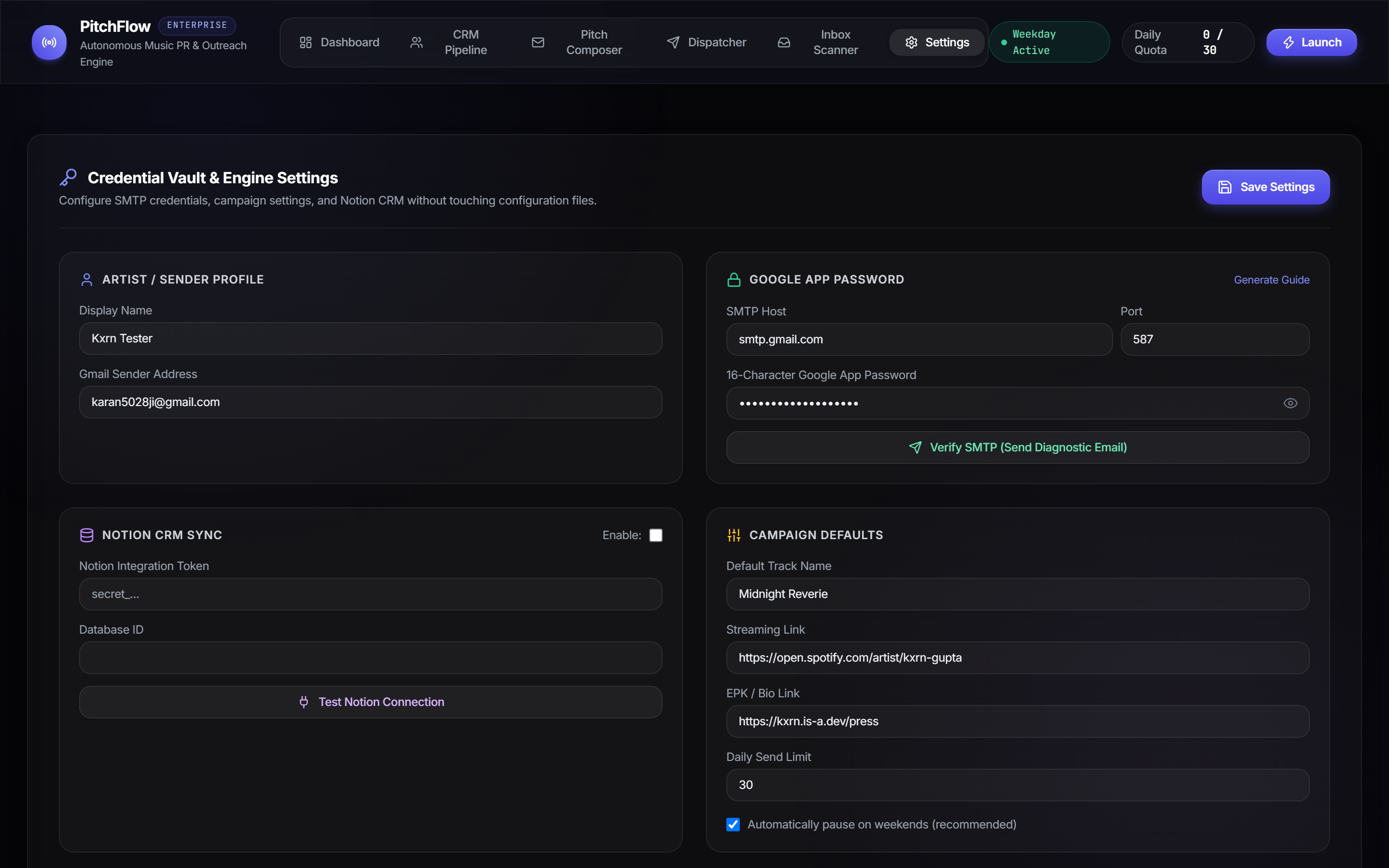 PitchFlow Credential Vault and Settings